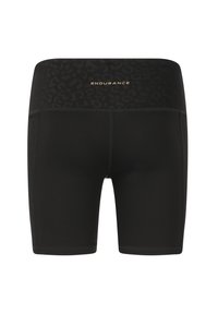 Svarta cykelshorts med en slät textur, med ett midjeband i leopardmönster och en guldfärgad "ENDURANCE"-logga. Designen är åtsittande och knälång.