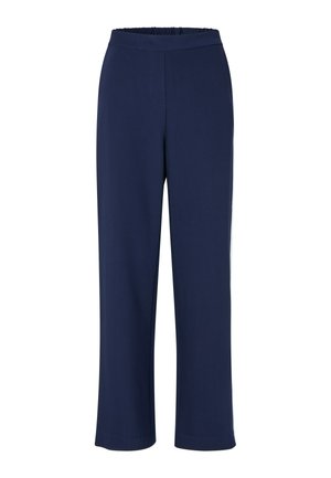 Pantalon bleu marine à jambes droites avec taille élastique, sans poches visibles ni ornements.