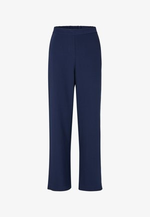 Merensiniset suoralahkeiset housut, joissa on joustava vyötärönauha ilman näkyviä taskuja tai koristeita.