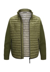 Olivgrüne Jacke mit einer gesteppten Vorderseite, glatter Innenauskleidung und gestrickten Ärmeln. Verfügt über Reißverschlusstaschen und einen Stehkragen.