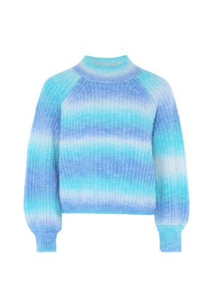 Strickpullover mit einem Farbverlauf von hellblau nach dunkelblau, hohem Kragen, gerippten Bündchen und einer lockeren Passform mit Raglanärmeln.