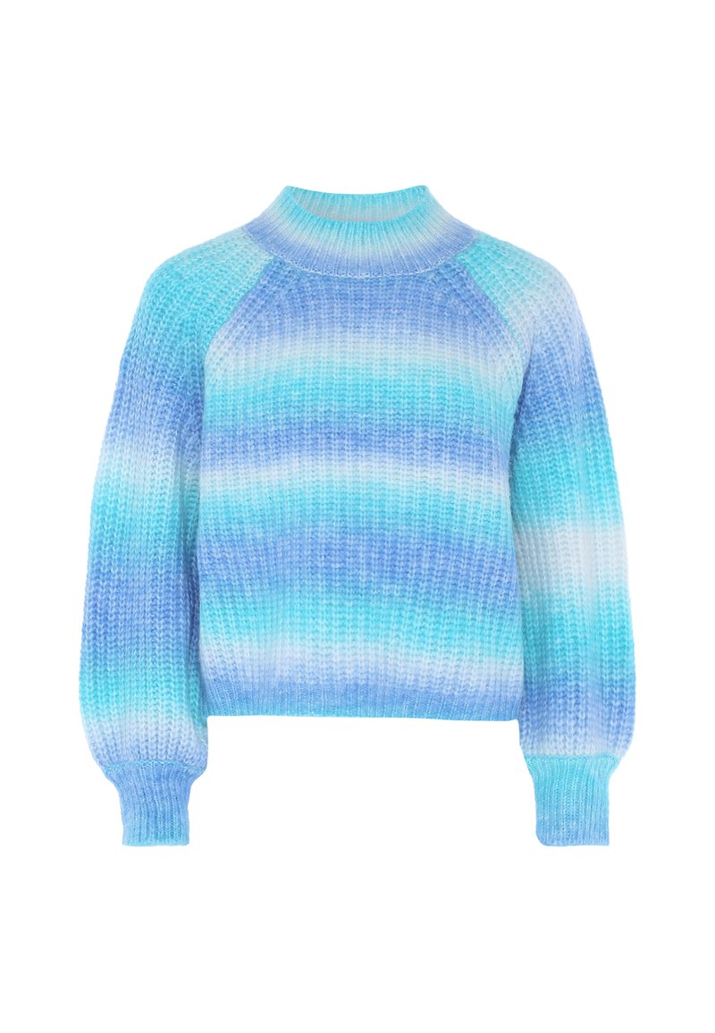 Strickpullover mit einem Farbverlauf von hellblau nach dunkelblau, hohem Kragen, gerippten Bündchen und einer lockeren Passform mit Raglanärmeln.