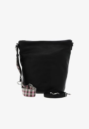 Sac seau en cuir noir avec deux bandoulières amovibles, une noire unie et une à carreaux roses et gris.