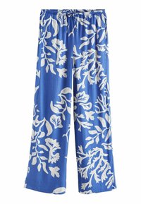 Blauwe, wijde broek gemaakt van stof met witte bloemenpatronen. Elastische tailleband met een trekkoord, een gladde textuur en een relaxte pasvorm.