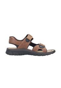 Sandale pour homme en cuir marron avec brides ajustables en Velcro et semelle noire rembourrée, conçue pour un usage décontracté et le confort.