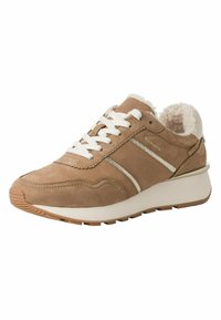 Light brown suede sneaker with a white rubber sole, cream fleece lining, and silver stripe accents on the sides. Six white laces.