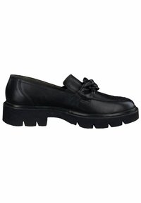 Mocassin en cuir noir avec semelle à crampons épaisse et détail nœud sur le cou-de-pied, style enfiler, hauteur de talon moyenne, finition lisse.