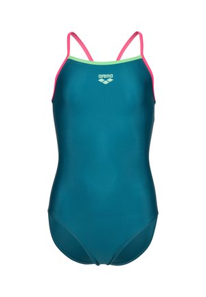 Maillot une-pièce sarcelle avec fines bretelles roses et une bordure verte, avec le logo Arena sur la poitrine.
