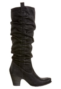 Czarne skórzane botki za kolano o luźnym kroju, z fakturowaną powierzchnią i zwężającym się obcasem. Posiadają kontrastowe przeszycia oraz uchwyt do zakładania.