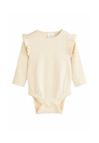 Bleg beige ribbet babybody med lange ærmer, flæse detaljer på skuldrene og trykknaplukning i bunden for nem påklædning.