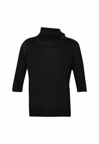 Pull en maille noir à manches courtes avec un col haut comportant deux boutons sur le côté et de petits détails perforés près des épaules.