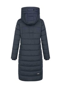 Navy puffer coat with a hood, featuring horizontal quilting, long sleeves, and a side logo. Textured fabric and mid-length design.