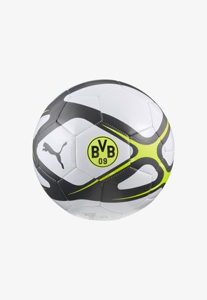 Puma futbolo kamuolys su baltu paviršiumi, papuoštu juodais ir neoniniais žaliais spiraliniais raštais. Apvalios formos su siuvinėtu paviršiumi. Ant jo matomas BVB 09 logotipas.