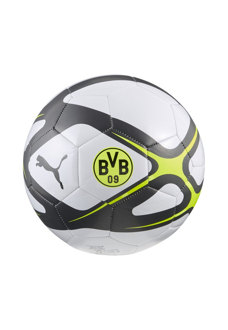 Puma jalgpall, millel on valge pind mustade ja neoonrohelistekeerlevate mustritega. Ümar kuju ja õmmeldud tekstuur. BVB 09 logo on väljas.