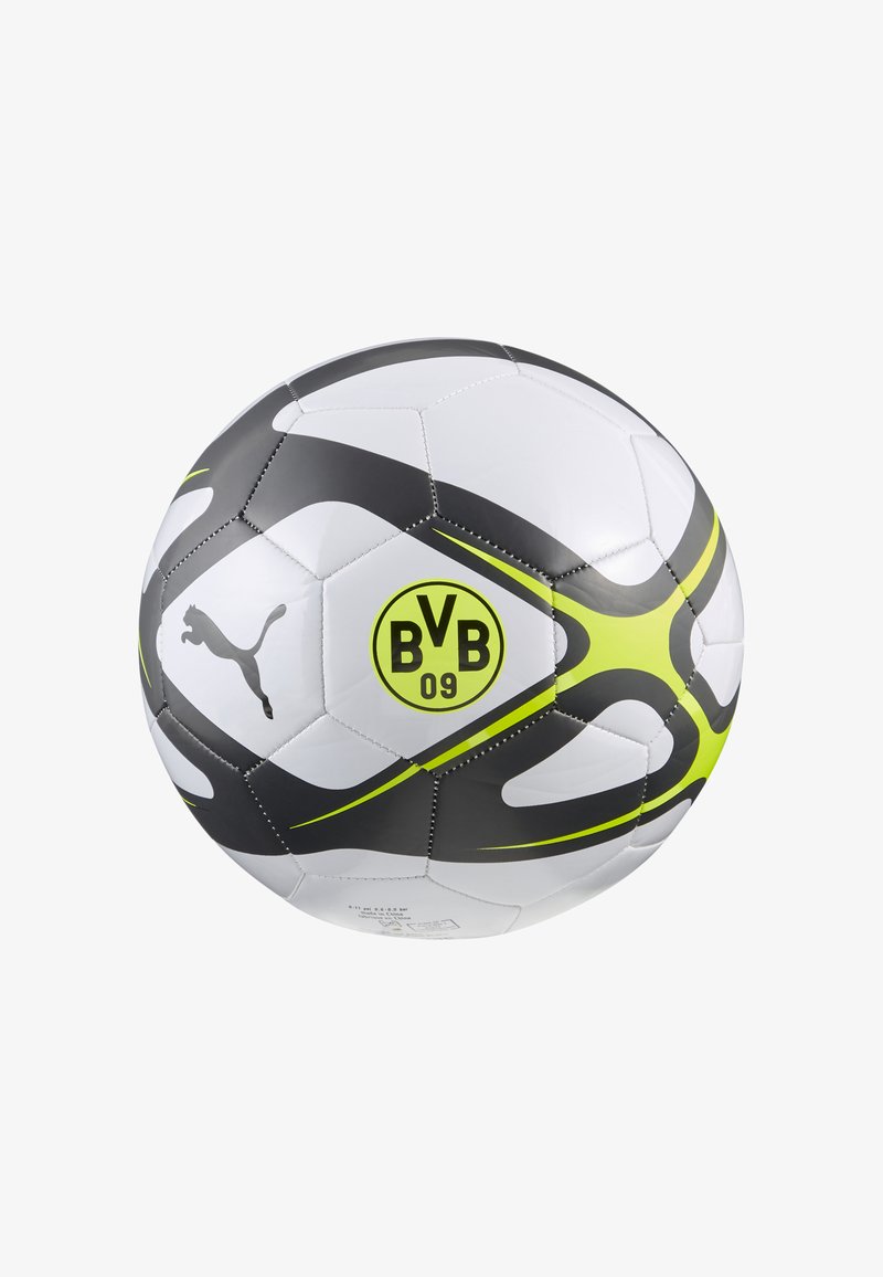 Puma jalgpall, millel on valge pind mustade ja neoonrohelistekeerlevate mustritega. Ümar kuju ja õmmeldud tekstuur. BVB 09 logo on väljas.