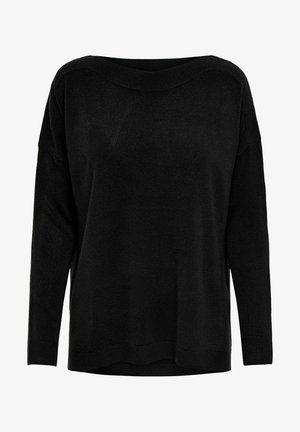 Čierny oversized sveter s širokým lodičkovým výstrihom, dlhými rukávmi a rebrovanými detailmi. Mäkká textura, voľný strih a rovný lem.