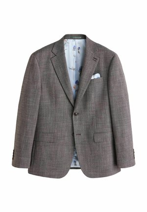 Grau gemusterte Blazer mit Reverskragen, zwei vorderen Taschen und einem blauen Blumenfutter. Mit braunen Knöpfen und einem Einstecktuch.