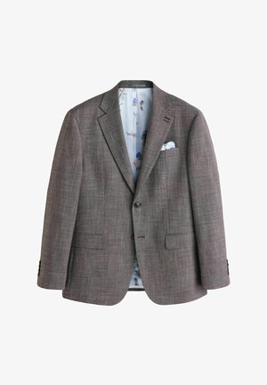 Grau gemusterte Blazer mit Reverskragen, zwei vorderen Taschen und einem blauen Blumenfutter. Mit braunen Knöpfen und einem Einstecktuch.