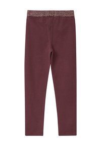 Bordeaux leggings met een rekbare, glinsterende tailleband. Glad, zacht materiaal in een slim-fit ontwerp, volledige lengte zonder patronen of extra details.