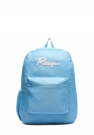Mochila azul claro con bolsillo frontal con cremallera y logo bordado "Roxy" en la parte superior delantera sobre fondo blanco.