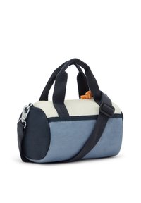 Duffle bag featuring a cream top, dark blue sides, and a light blue base. Includes black handles and a detachable shoulder strap.