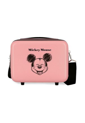 Bolso rectangular rígido de color rosa con un boceto negro de la cara de Mickey Mouse y el texto "Mickey Mouse", con una correa negra para el hombro en el lateral.