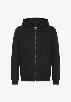 Sudadera con cremallera negra hecha de tela suave, que presenta una capucha con cordón, bolsillos frontales y puños acanalados. Diseño simple sin patrones visibles.