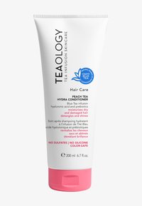 Après-shampooing hydratant à la pêche Teaology dans un tube blanc, avec des accents roses, une étiquette bleue et des détails textuels sur les avantages. Format de 200 ml.
