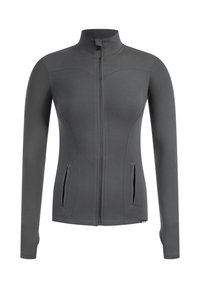 Graue taillierte Jacke mit hohem Kragen, vollem Reißverschluss und Taschenakzenten. Hergestellt aus glattem, dehnbarem Stoff für Komfort und Bewegungsfreiheit.