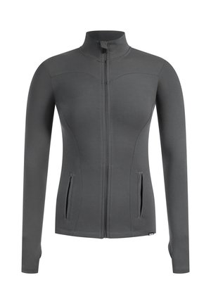 Graue taillierte Jacke mit hohem Kragen, vollem Reißverschluss und Taschenakzenten. Hergestellt aus glattem, dehnbarem Stoff für Komfort und Bewegungsfreiheit.
