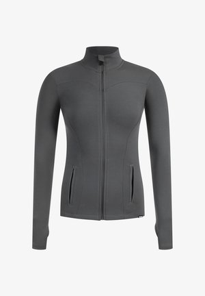 Gray fitted jacket with a high collar, full front zipper, and pocket accents. Made from smooth, stretchy fabric for comfort and ease of movement.