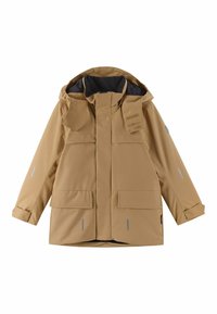 Tarnfarbene wasserdichte Jacke mit Kapuze, ausgestattet mit zwei großen Fronttaschen, reflektierenden Streifen und hohem Kragen. Glatte Textur und leichtes Design.