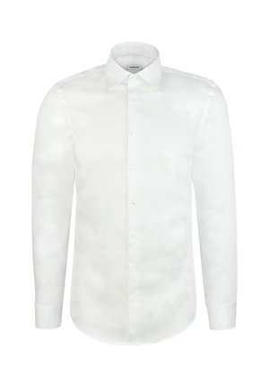 Wit overhemd met lange mouwen, knopen aan de voorkant, puntige kraag en met knopen afgesloten manchetten, voorkant getoond op een effen achtergrond.