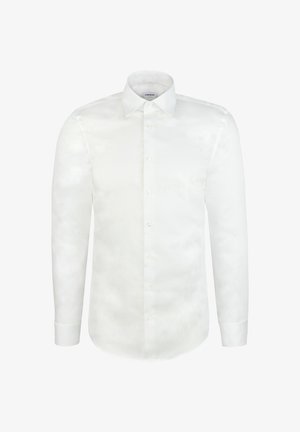 Weiße Hemdbluse mit langen Ärmeln, spitzem Kragen und knöpfbaren Manschetten, vorderseitig auf einfarbigem Hintergrund gezeigt.