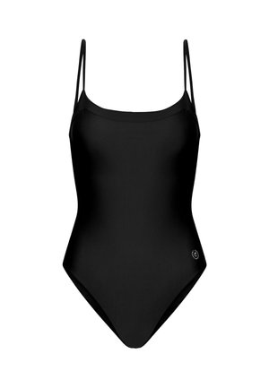 Costum de baie întreg negru cu bretele subțiri și un logo subtil lângă șold, prezentat pe un fundal alb.
