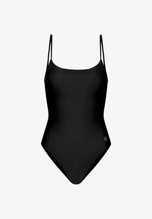 Crni jedinstveni kupaći kostim s tankim naramenicama i suptilnim logotipom blizu boka, prikazan na bijeloj pozadini.