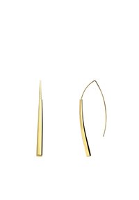 Gouden metalen oorbellen met een langwerpige vorm en een strakke, minimalistische uitstraling. Eén oorbel heeft een scherpe punt, terwijl de andere een gebogen vorm heeft.
