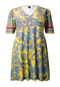 Gelbes V-Ausschnitt-Kleid mit kurzen Puffärmeln, das mit einem lebhaften Blumen- und Paisleydruck in Türkis und Lila versehen ist. Weiches, leichtes Material.