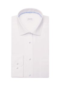 Camicia bianca a maniche lunghe con colletto classico, chiusura a bottoni e una tasca sul petto. Presenta dettagli a righe azzurro pallido all'interno del colletto.
