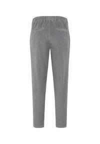 Pantaloni in corduroy grigio con vestibilità slim. Presentano una vita elastica, due tasche posteriori e una texture a coste verticali.