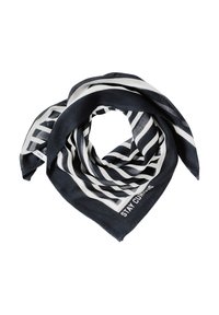 Écharpe à motifs bleu marine et blanc avec des rayures diagonales et le texte "STAY CURIOUS", fabriquée en tissu léger, forme triangulaire.