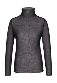 Schwarzes, langärmliges Rollkragenoberteil aus durchscheinendem, strukturiertem Stoff mit einem subtilen Muster, das Wellen ähnelt. Passgenauer Schnitt, glatte Oberfläche.