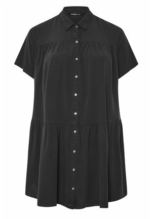 Zwarte blouse met korte mouwen en knoopjes, met een geplooide taille en inzetstuk, voorzien van een klassieke kraag en een vloeiende silhouet.