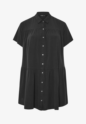 Zwarte blouse met korte mouwen en knoopjes, met een geplooide taille en inzetstuk, voorzien van een klassieke kraag en een vloeiende silhouet.