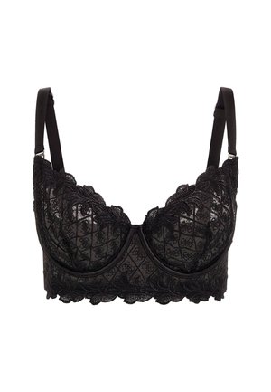 Soutien-gorge en dentelle noire avec armature, présentant un design matelassé, des bords festonnés, des bretelles ajustables et une finition en dentelle décorative.