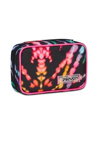 Astuccio rettangolare con un motivo astratto colorato in rosa, giallo e blu su uno sfondo nero; presenta una zip rosa e un logo.