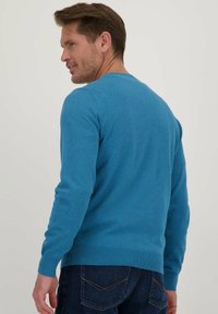 Turkoois trui in een zachte gebreide stof, met een ronde halslijn en geribbelde manchetten. Gepaard met donkere denim jeans, van achter zichtbaar.