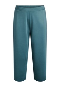 Pantalons de survêtement coupe courte en teal avec une taille élastique, fabriqués en tissu doux, présentant une texture lisse et sans motifs ni matériel visible.