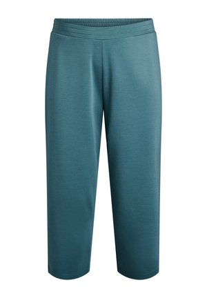 Teal crop sweatpants met een elastische tailleband, gemaakt van zachte stof, met een gladde textuur en zonder zichtbare patronen of hardware.