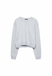 Sweatshirt court à manches longues gris clair, avec un col rond et des poignets côtelés, présenté sur fond blanc.